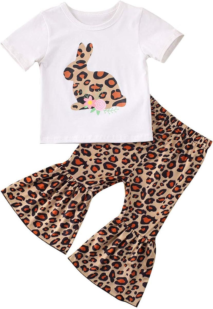 Newborn Baby Girls Easter Outfits Short Sleeve Bunny T-Shirt Top Leopard Flared Pants Summer Clot... | Amazon (US)