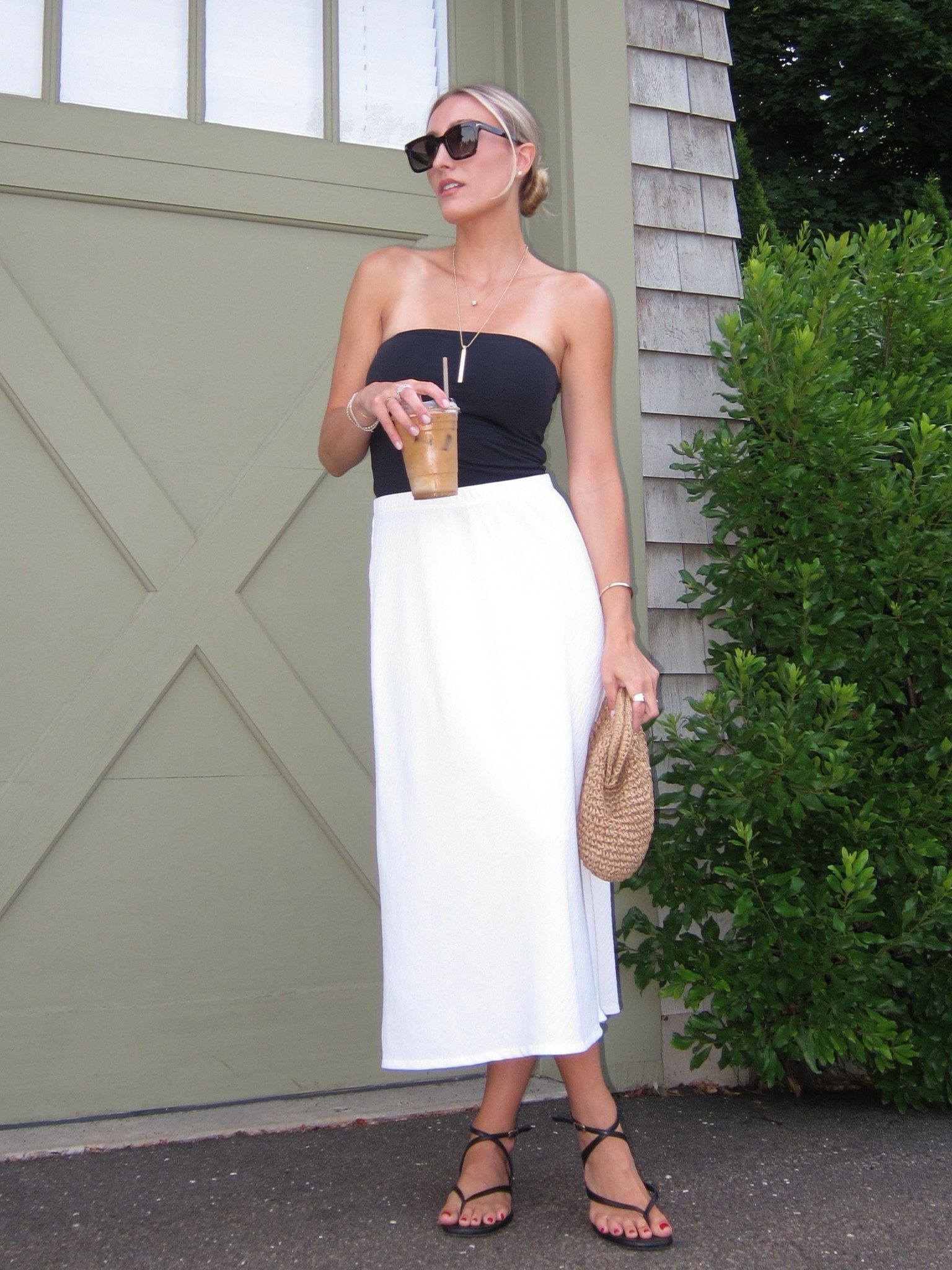 Summer staples | white maxi skirt | black tube top | Tom Ford sunglasses | Margaux leather strap wrap sandals | hat attack pouch raffia clutch 

#LTKShoeCrush #LTKItBag #LTKSeasonal