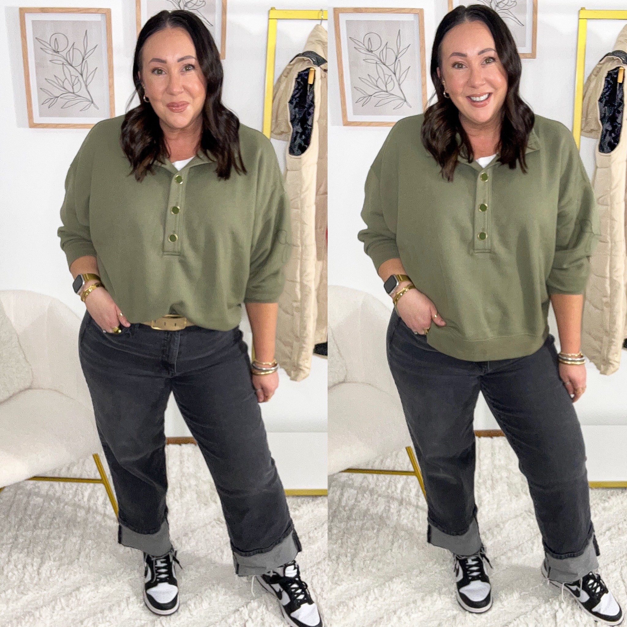 $19.98 button pullovers @walmart. Wearing a large. Size 16 full length jeans.  @nike dunks run true to size.  XL @gap tee.  

#LTKOver40 #LTKMidsize #LTKPlusSize