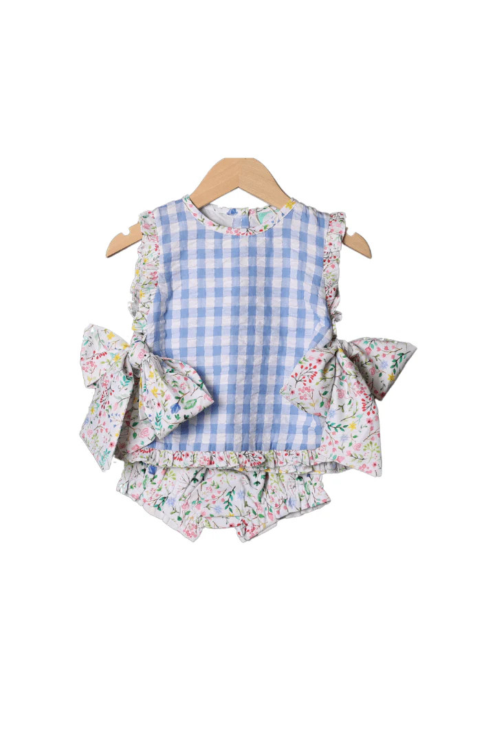 Wildflower Blue Gingham Apron Set | The Smocked Flamingo