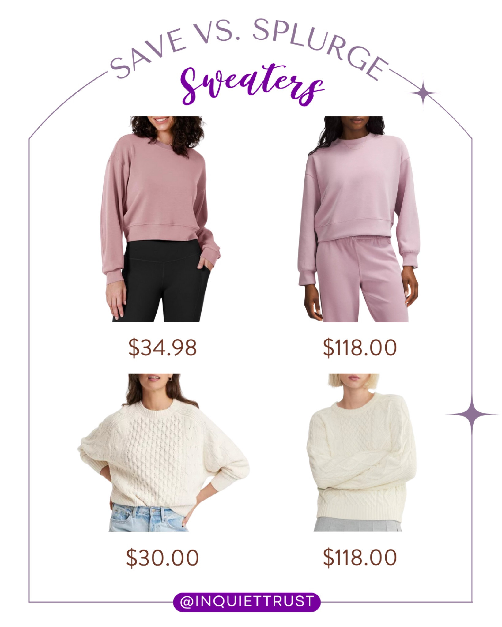 Save or splurge on these affordable alternatives to these cute and comfy sweaters! Take your pick between the pink crewneck or white cable knit piece.
#fashionfinds #outfitidea #loungewear #cozyclothes

#LTKSeasonal #LTKFindsUnder100 #LTKStyleTip