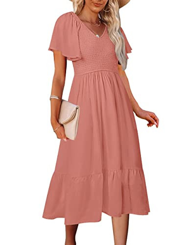 MEROKEETY Women's Summer Casual V Neck Ruffle Sleeve Smocked High Waist Midi Dress with Pockets, Tearose, L | Amazon (US)