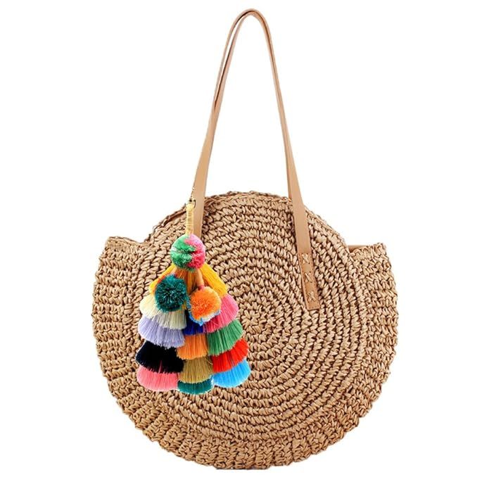 Donalworld Women Round Straw Pompom Shoulder Bag Corn Summer Woven Bags | Amazon (US)