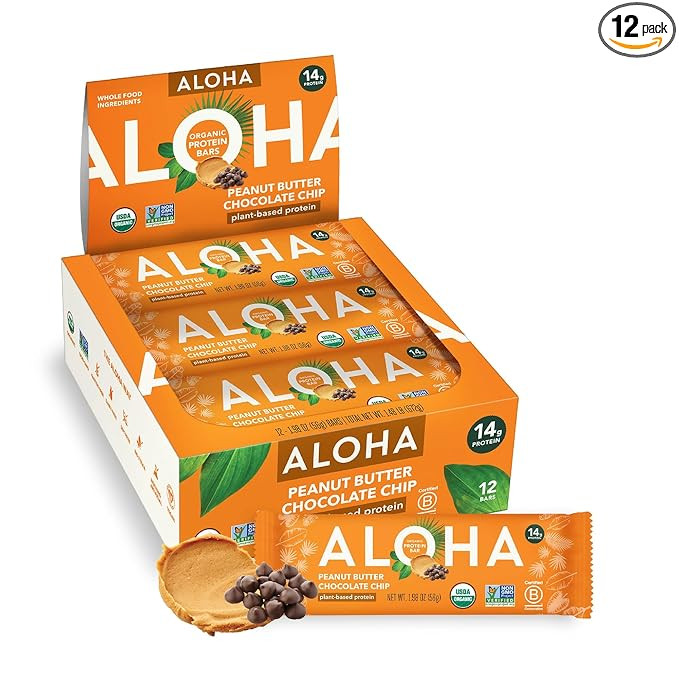 ALOHA Organic Plant Based Protein Bars |Peanut Butter Chocolate Chip | 1.98 Oz (Pack of 12) | Veg... | Amazon (US)