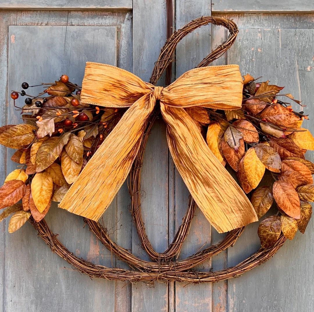 Fall Pumpkin Wreath Grapevine Wreath With Fall Leaves and Acorns Harvest Autumn Door Hanger - Ets... | Etsy (US)