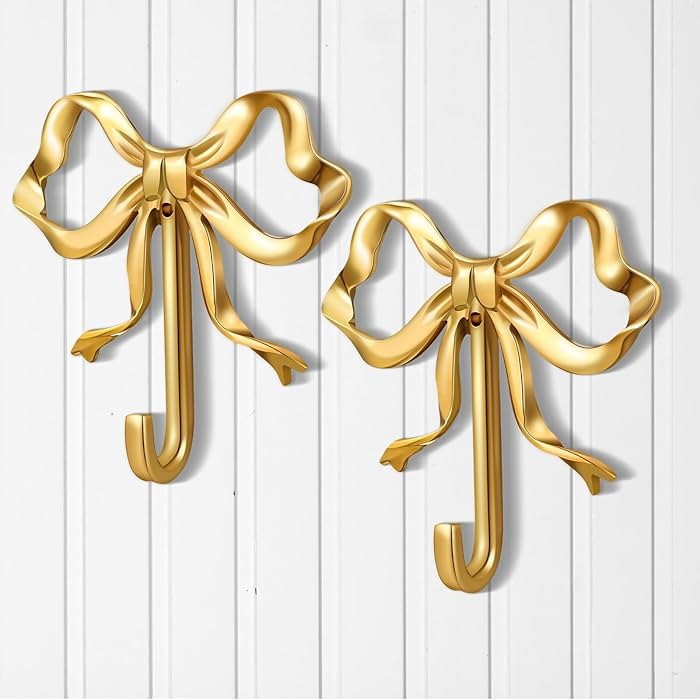 2 Pcs Christmas Wall Decor Gold Bow Knot Hooks Brass Bow Wall Hooks Door Hanger Towel Hooks Brass... | Amazon (US)