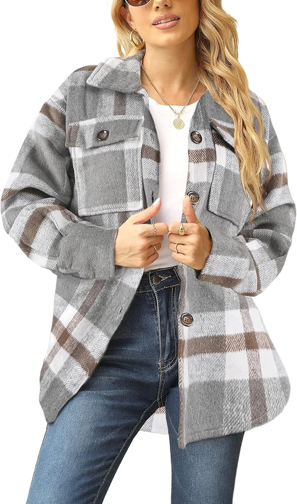 Yeokou Women's Fall Color Block Plaid Flannel Shacket Jacket Button Down Shirt Coat Tops | Amazon (US)