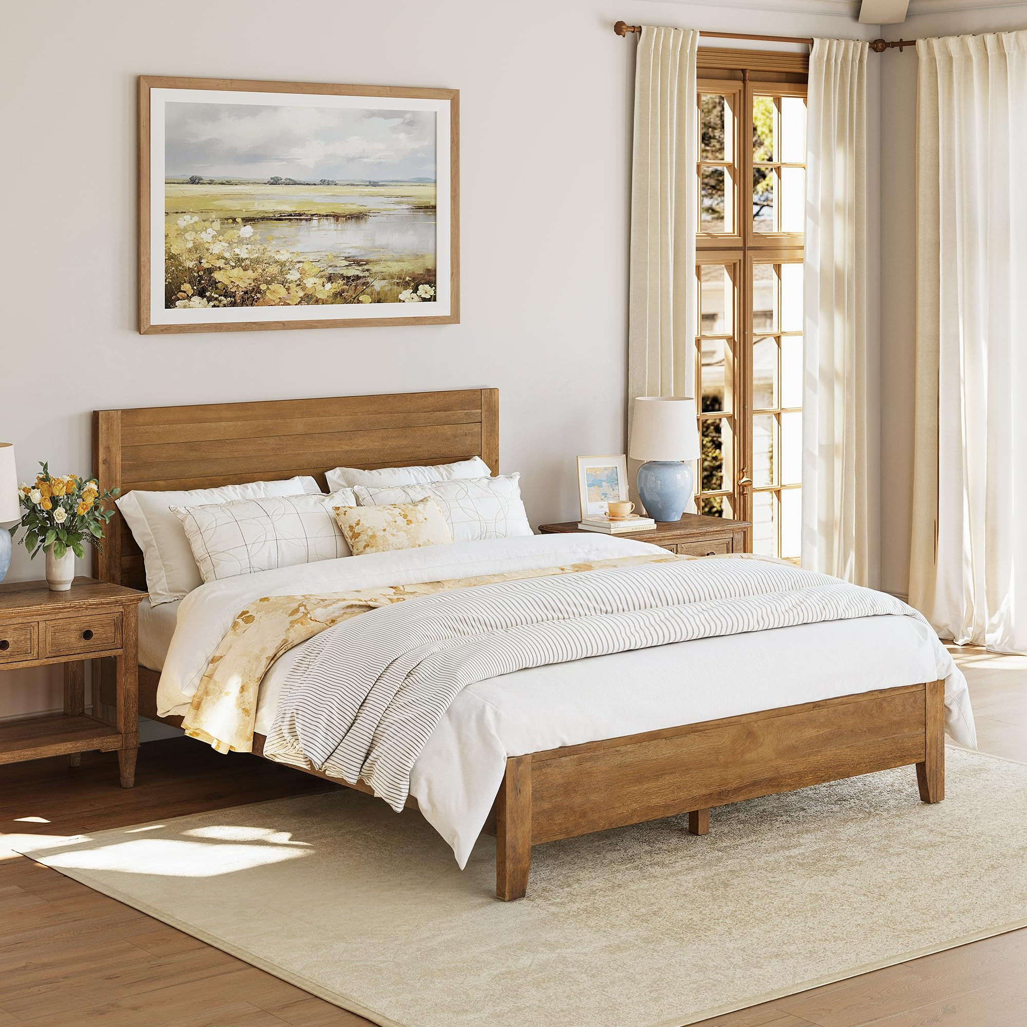 Bed Frame Queen Size, Acacia Wood Platform with Headboard, No Box Spring Needed, 800lb Capacity, ... | Amazon (US)