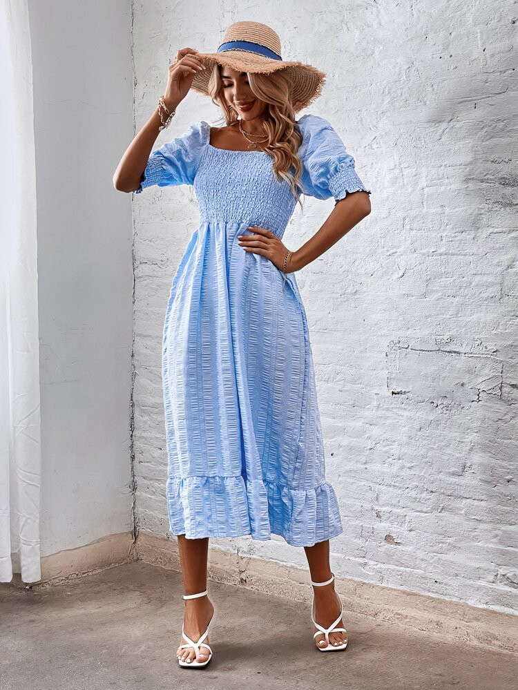 Textured Square Neck Shirred Ruffle Hem Dress | SHEIN