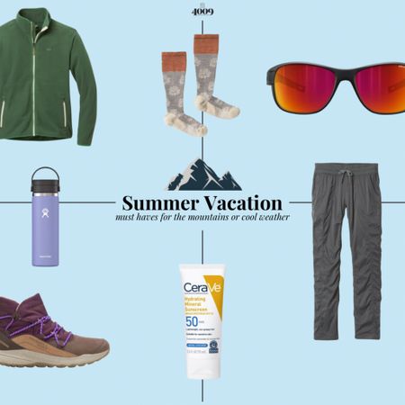 Summer mountain vacation must haves for cooler weather. 

Sunglasses | hiking pants | hiking boots | hydroflask | ceraVe sunscreen | socks | fleece pullover 

#LTKActive #LTKSeasonal #LTKStyleTip