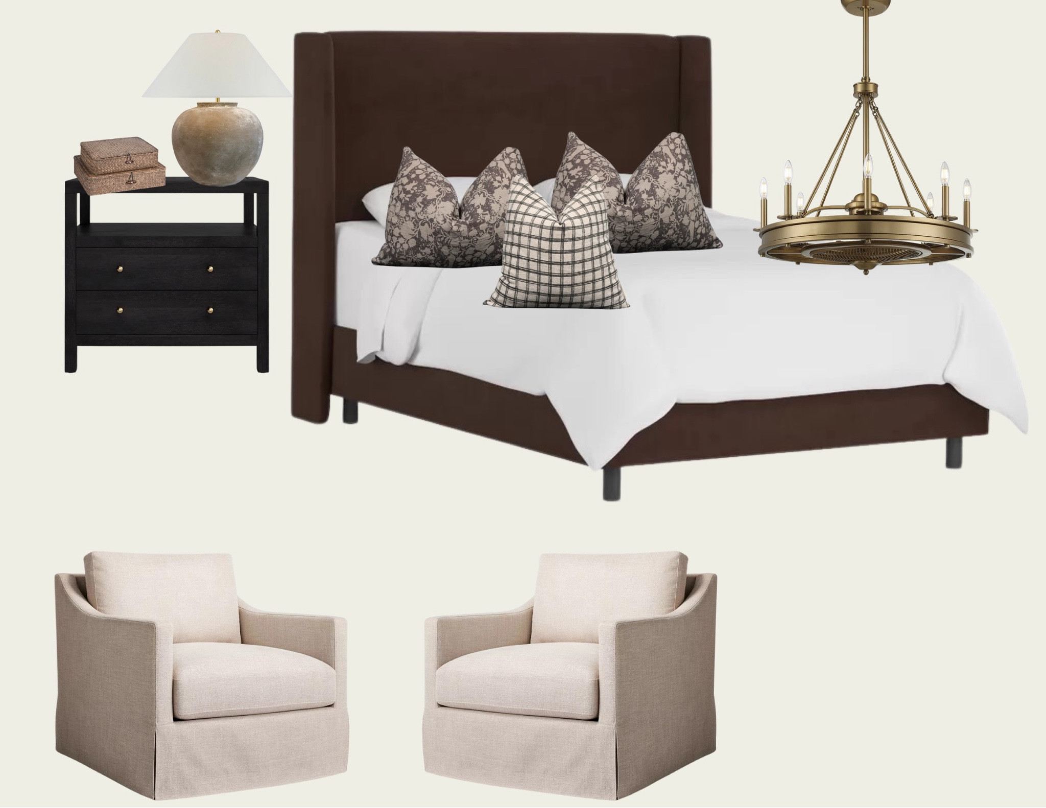 Timeless bedroom design, linen swivel chairs, velvet chocolate brown upholstered bed, black nightstand, fandelier 
