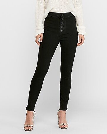 Super High Waisted Hyper Stretch Black Button Fly Jean Ankle Leggings | Express