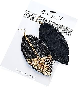 Leather Earrings for Women Gold/Silver Black Leather Feather Earrings for Women, Earringsarts | Amazon (US)