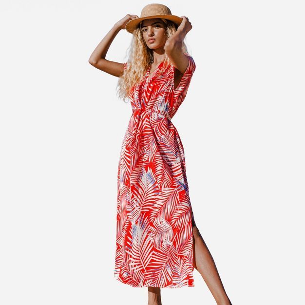 Women's Short Sleeve Red Leafy Wrap Ankle Length Maxi Dress-Cupshe | Target
