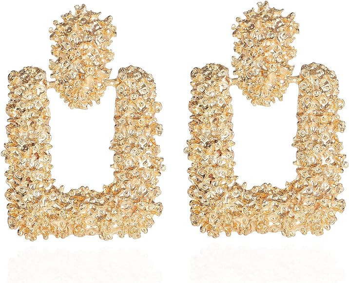 ATIMIGO Statement Drop Earrings Large Metal Rectangle Geometric Dangle Earrings Silver/Gold for W... | Amazon (US)