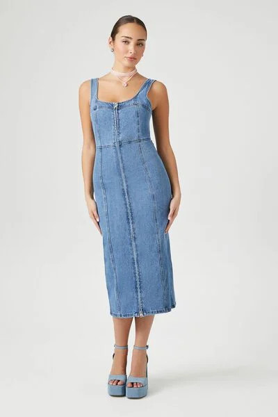 Zip-Up Denim Bodycon Midi Dress | Forever 21