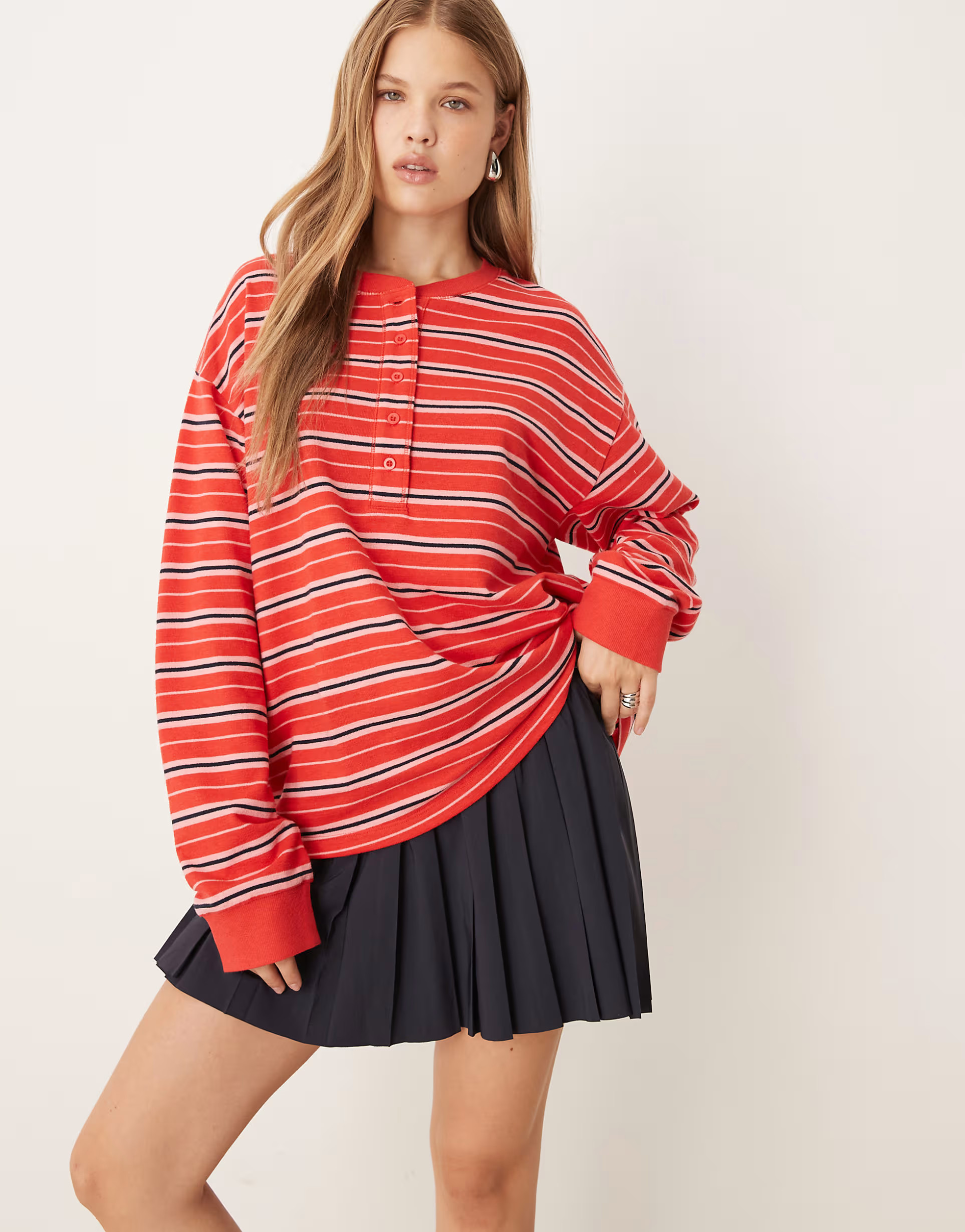 ASOS DESIGN textured henley neck t-shirt in red stripes | ASOS (Global)