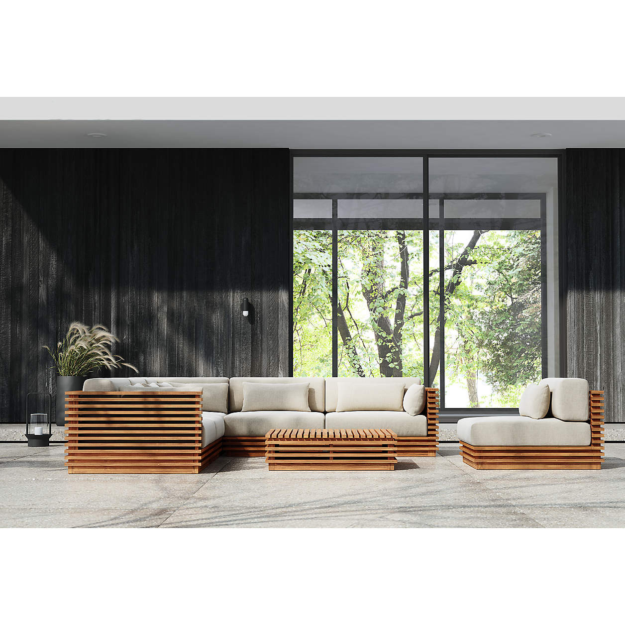 Batten Natural Teak Outdoor Armless Chair with Oat Cushions | Crate & Barrel | Crate & Barrel