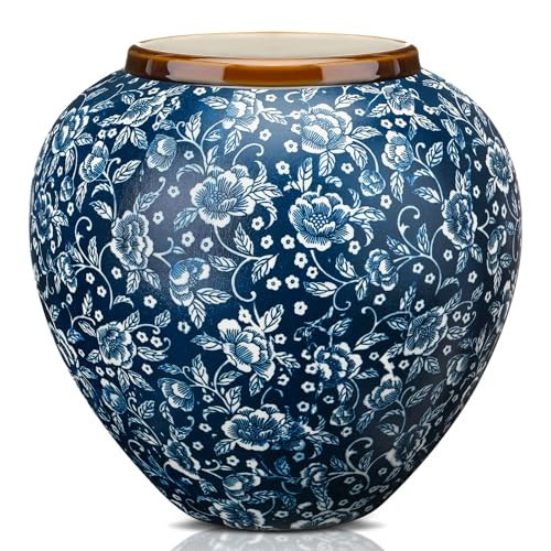 Mimorou Porcelain Blue and White Vases Ceramic Vintage Chinoiserie Floral Vase 8.27" H Terracotta Rustic Large Pottery Bud Chinese Flower Jardiniere for Home Office Decor Centerpieces(Hibiscus) | Amazon (US)