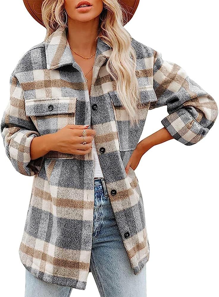 Lviefent Womens Casual Wool Blend Plaid Flannel Shackets Jacket Button Down Shirt Coat | Amazon (US)