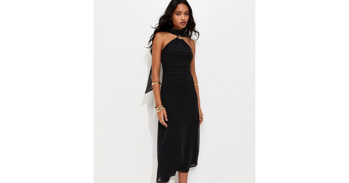 Black Polka Dot Halterneck Midi Dress with Scarf | New Look | New Look (UK)