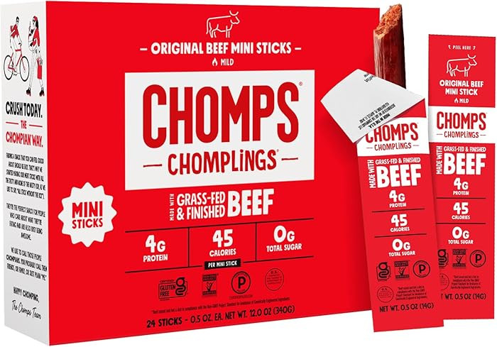 Chomps Snack Size Grass-Fed Original Beef Jerky Snack Sticks 0.5oz 24-Pack - Keto, Paleo, Whole30... | Amazon (US)