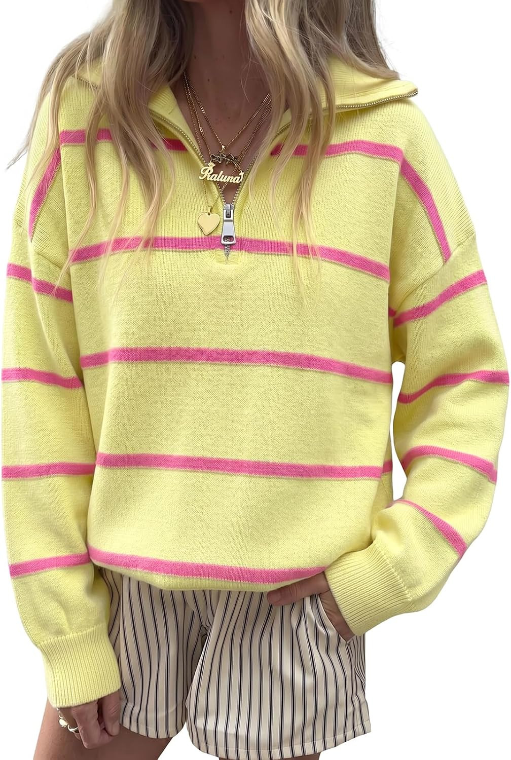 Fisoew Womens Quarter Zip Striped Sweater Oversized Turtleneck Pullover Top | Amazon (US)