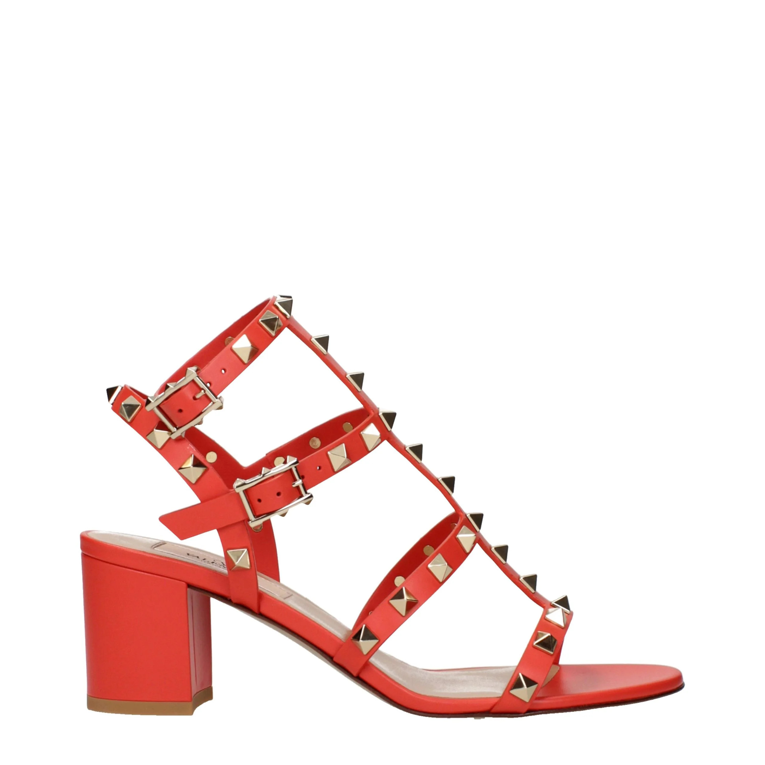 Valentino Garavani Studded Leather Block-Heel Sandal — Red | Italist Inc.