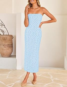 ZESICA Women's 2025 Summer Boho Floral Strapless Bodycon Dress Off Shoulder Tube Beach Party Long... | Amazon (US)