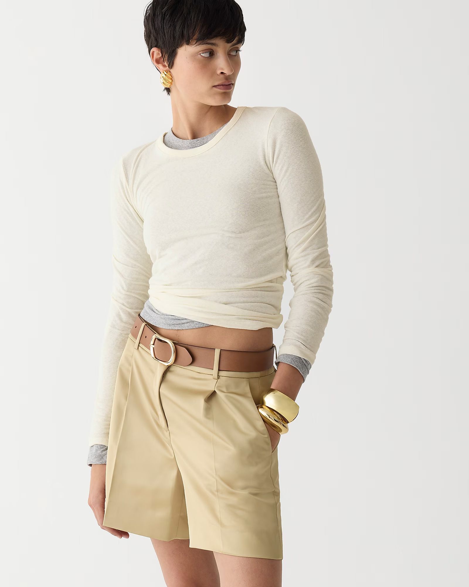 Stretch linen-blend crewneck long-sleeve T-shirt | J.Crew US