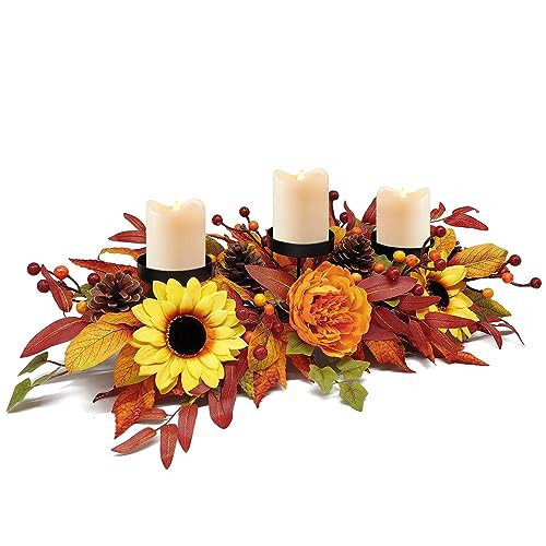 Fall Centerpiece Table Decorations, 27.5'' L Assorted Artificial Peony, Sunflowers, Berries, Autumn Leaves, Pine Cones, Harvest Table Candle Holder for Dinning Table, Fireplace (Candle Not Included) | Amazon (US)