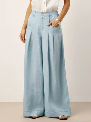 100% Linen Sculpted Pleat Elasticated Back Relaxed Pants VERIDIANA | LINTICO