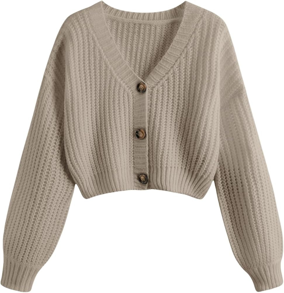 GORGLITTER Women's Cropped Cardigan Sweaters Light Weight Button Up Chunky Knit Long Sleeve Trend... | Amazon (US)