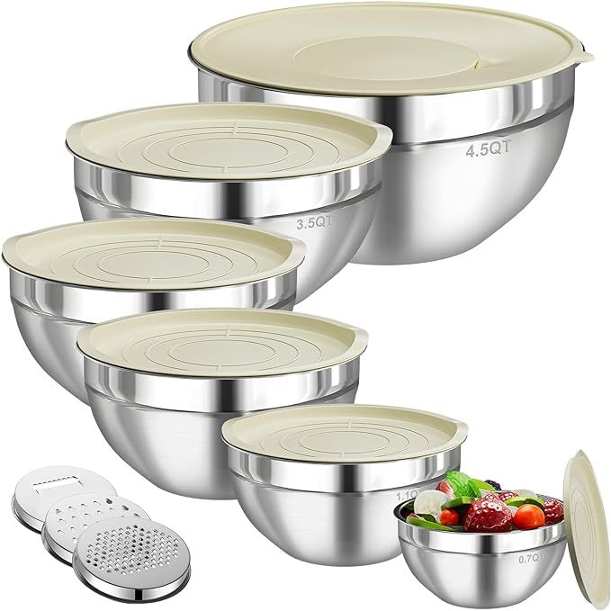Mixing Bowls with Lids Set, 6 PCS Stainless Steel Mixing Bowls with 3 Grater Attachments, Kitchen... | Amazon (US)
