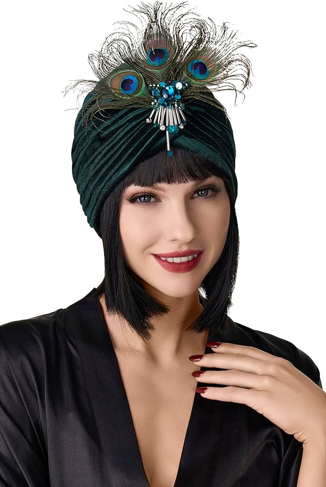 BABEYOND Gatsby Turban Hat Vintage 1920s Head Wrap Knit Pleated Turban 20s Cap (Dark Green) | Amazon (US)