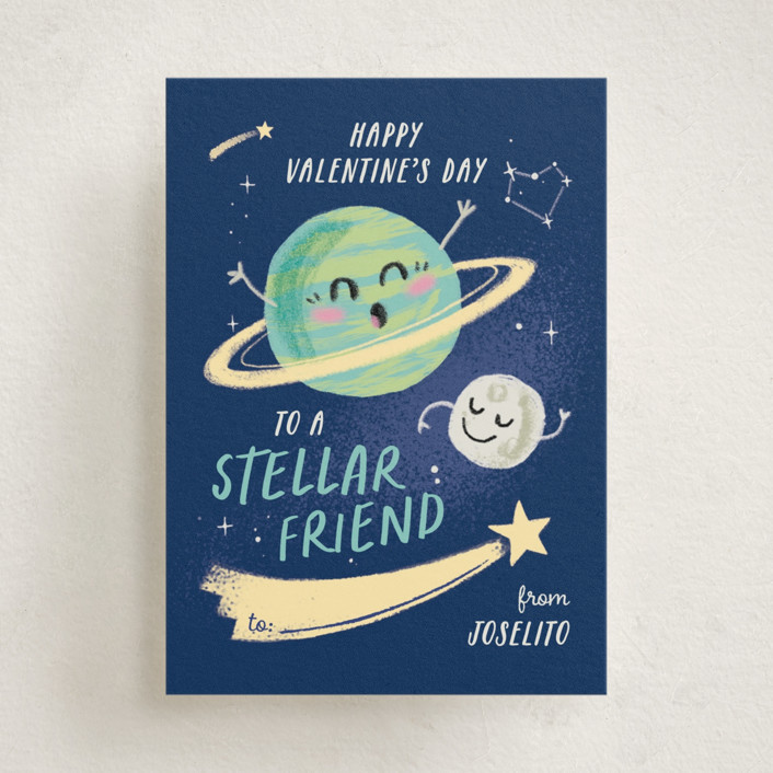 "Friendly Planets" - Customizable Classroom Valentine's Cards in Blue by Leia Matt. | Minted