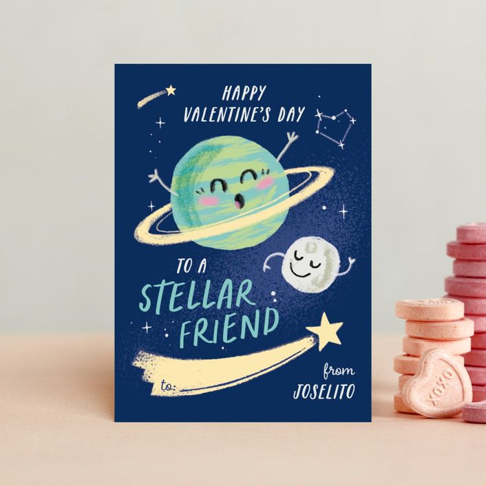 "Friendly Planets" - Customizable Classroom Valentine's Cards in Blue by Leia Matt. | Minted