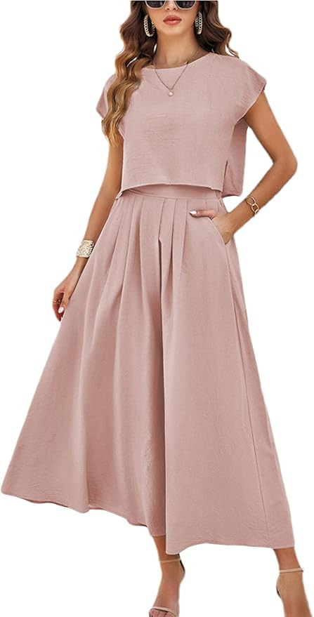 Mingzhu Womens 2 Piece Outfits Skirt Set Summer Casual Cap Sleeve Crop Tops Maxi Dress Sets with ... | Amazon (US)