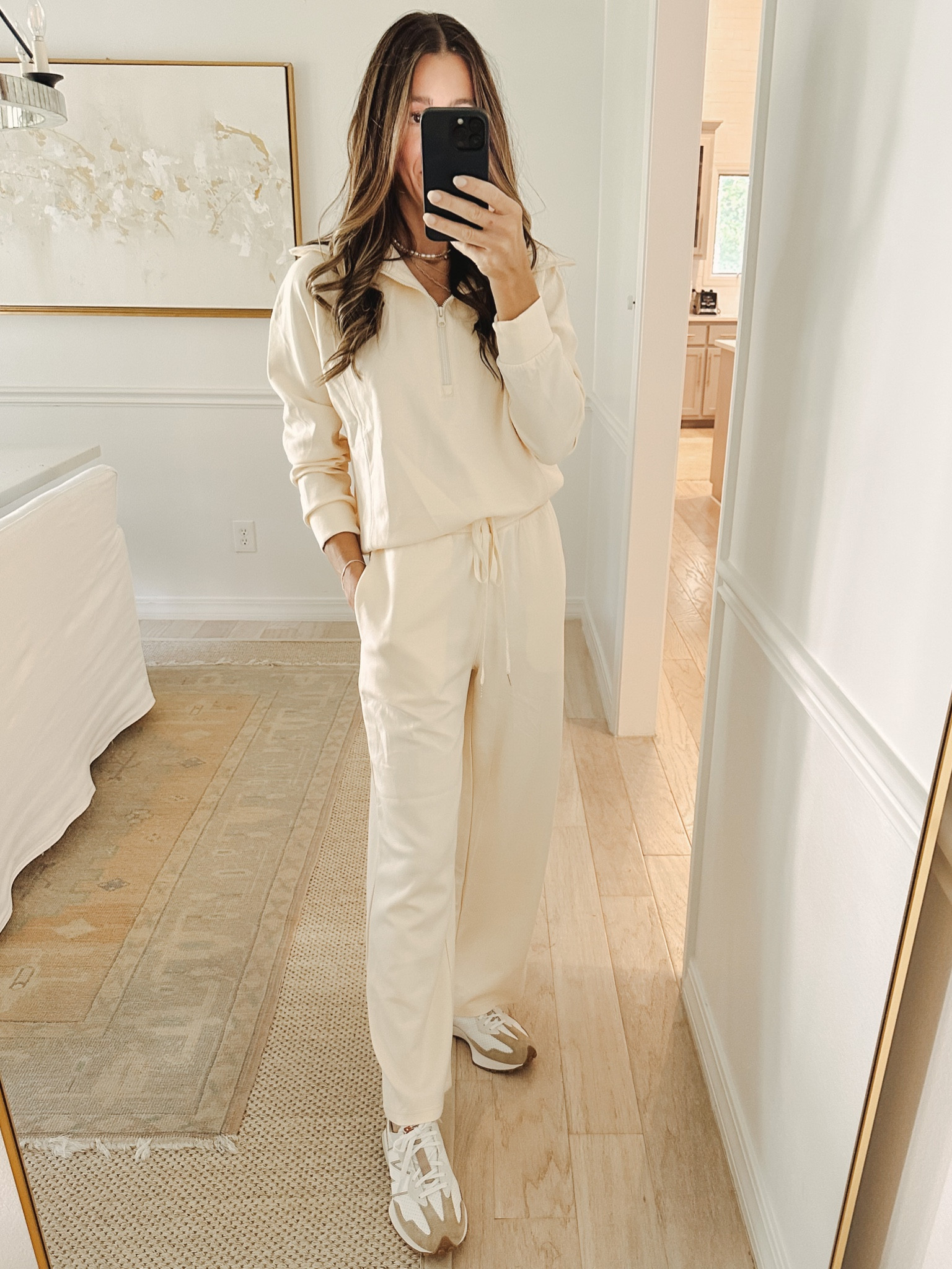 Amazon matching sweatsuit outfit. Similar to the Spanx air essentials zip up pullover and wide leg pant. Paired with new balance 327 sneakers they are my fav. Runs tts. Wearing size small. Amazon outfit, amazon finds, Amazon fall outfit, 
Fall outfit, mom outfit, casual weekend outfit  

#LTKfindsunder50 #LTKover40 #LTKstyletip