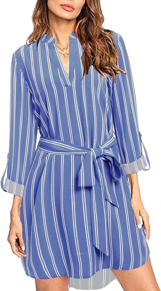 kenoce Shirt Dress for Women V Neck Solid Plain Loose 3/4 Sleeve Blouse Dress Casual Long Tunic T... | Amazon (US)