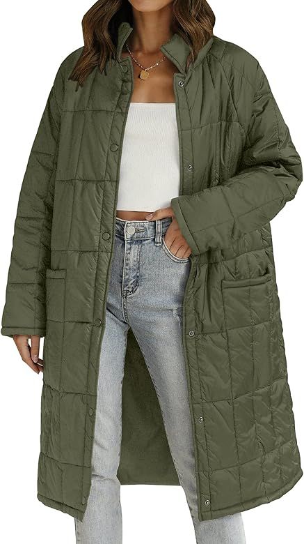 ZESICA Women's Button Down Quilted Coat Winter Long Sleeve Stand Collar Oversized Puffer Jacket Oute | Amazon (US)