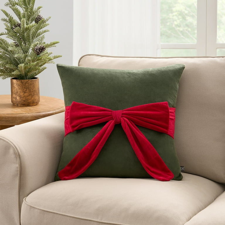 My Texas House 20" x 20" Green/Red Velvet Bow Decorative Pillow | Walmart (US)