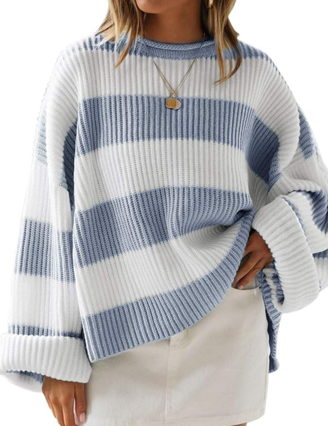 LEANI Womens Color Block Striped Oversized Sweaters Long Sleeve Crewneck Pullover Loose Chunky Kn... | Amazon (US)