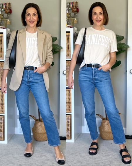 Jeans and a tee but make it chic!
These straight leg jeans are one of my most worn, they go with all shoes and are such a great fit. I’m 5’ 7 wearing my usual size 27.
Wearing S in the blazer and sized up to M in the graphic tee. Ballet flats fit really small, I had to go up a full size but I got them two years ago, they may have adjusted their sizing since then. Black sandals fit tts.
Also linked by bag, belt and the sleeve garters that are a must for keeping sleeves up!


#LTKShoeCrush #LTKWorkwear #LTKStyleTip