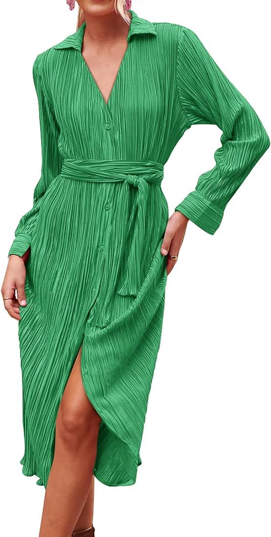 KIRUNDO Women's 2023 Fall Dresses Fashion Casual Collar V Neck Button Down Pleated Long Sleeve Mi... | Amazon (US)