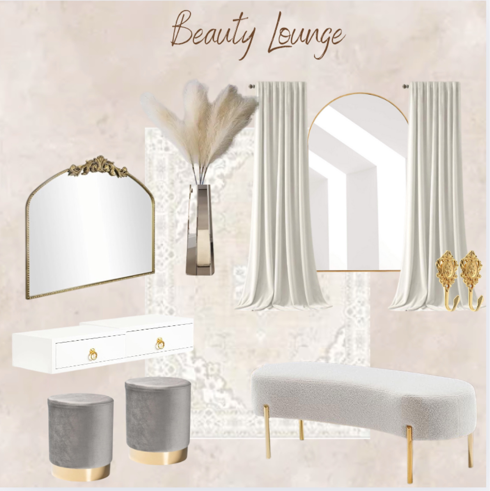Beauty lounge: full length mirror, vanity ottomans, wall Mount table, vase, rug, pampas grass, velvet curtains  

#LTKStyleTip #LTKHome