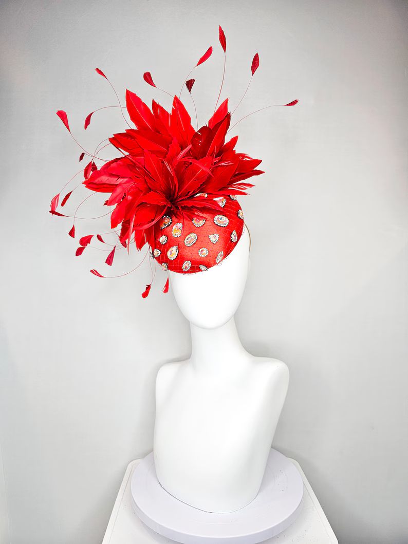 Kentucky Derby Hat Fascinator Red Satin With Large Red Feathers and Coral Apricot Clear Crystal J... | Etsy (US)