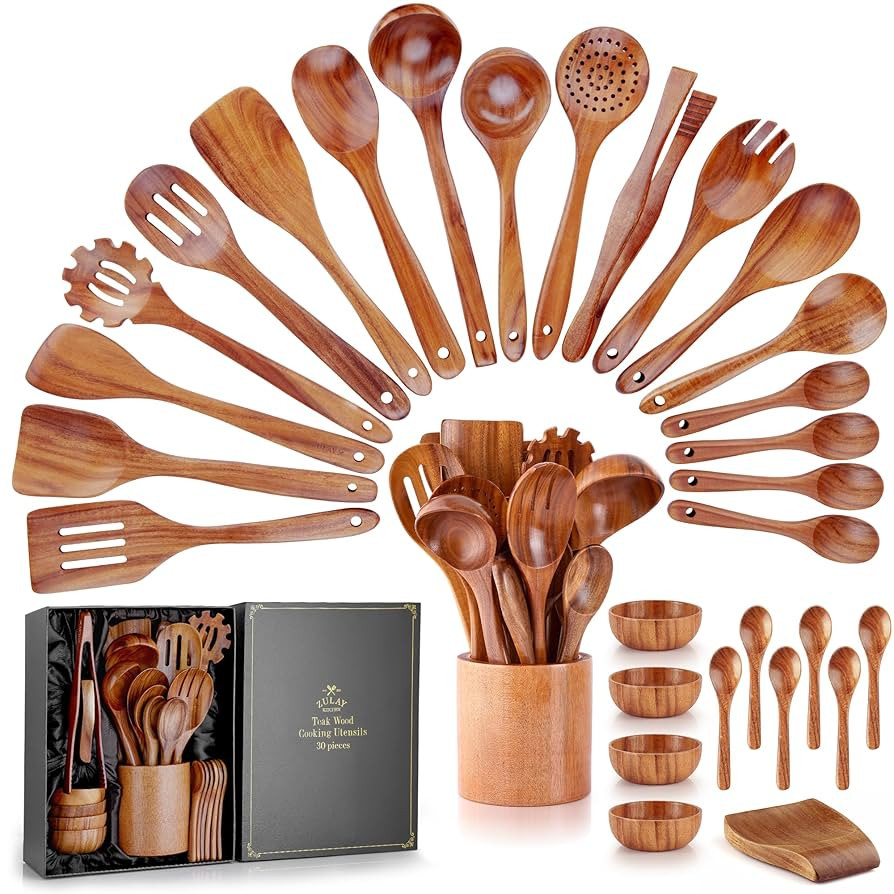 Zulay Kitchen 30-Piece Teak Wooden Utensils - Natural Teak Cooking Utensils with Premium Gift Box... | Amazon (US)