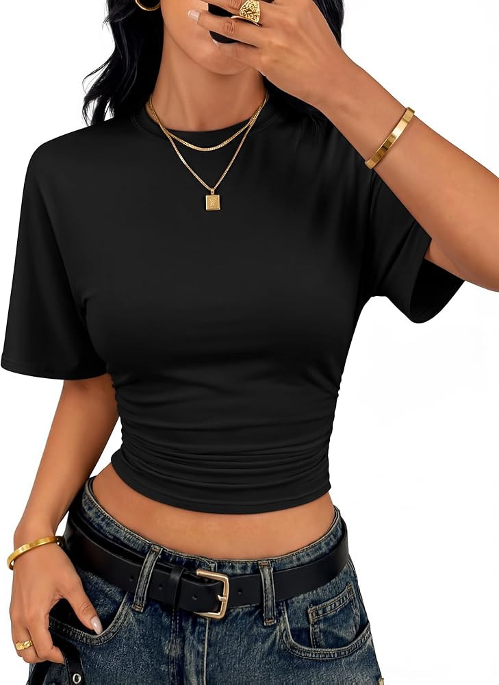 ZESICA Women's Short Sleeve Crop Tops 2026 Summer Ruched Slim Fitted Basic Tee Going Out T Shirts | Amazon (US)