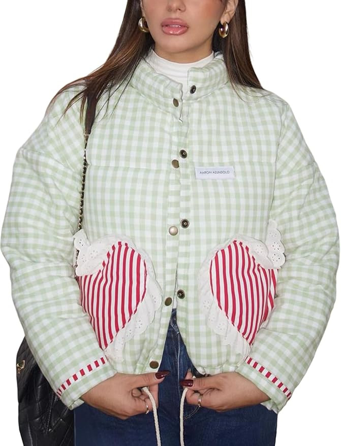 Wyeysyt Women's Cropped Puffer Jacket Winter Gingham Snap Plaid Short Padded Coats with Pockets | Amazon (US)